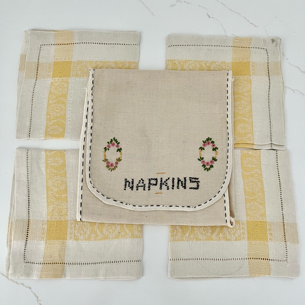 Vintage Embroidered Napkin Set with Holder